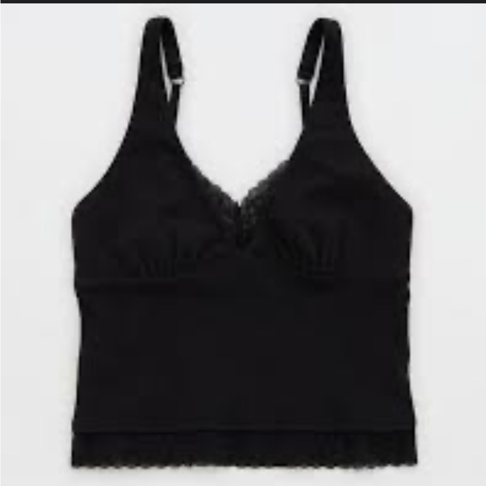 Aerie Superchill Black Cotton Ribbed with Vintage Trim Tank Top NWT